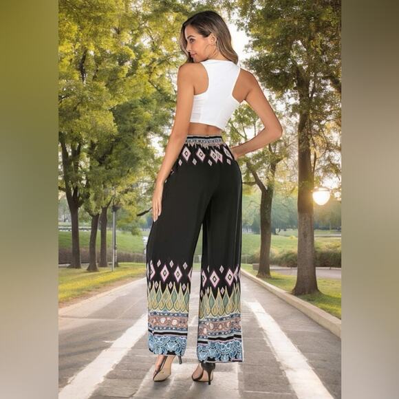NEW Boho We Love Wide Leg Elastic High Waist Black Diamond Palazzo Pant Sz M NWT - Picture 4 of 7